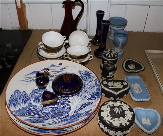 Qty of Wedgwood Jasperware, Minton grandee soup bowls, Limoges etc